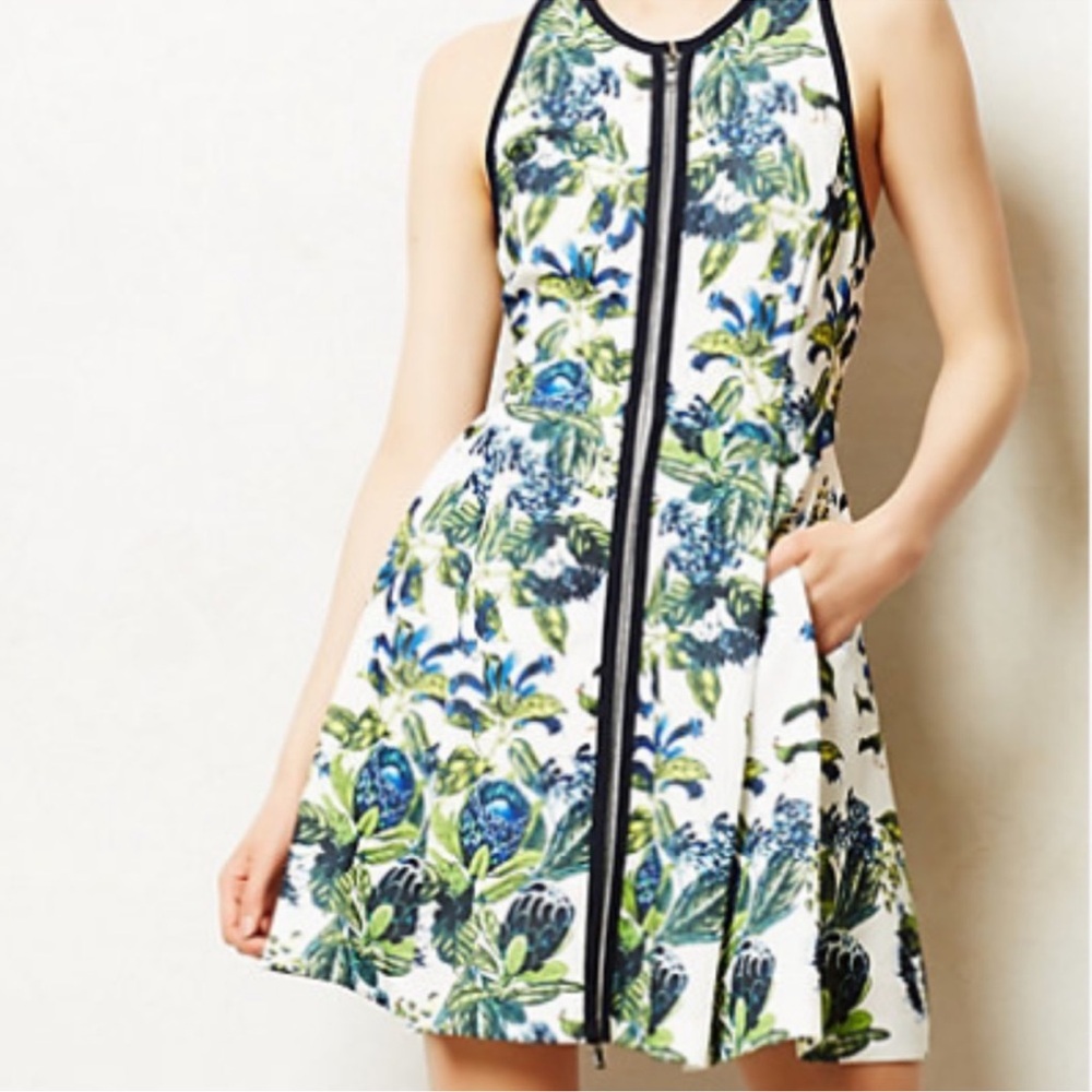 Marolli Anthropologie sleeveless zip front inverted pleat pheasant mini dress 0